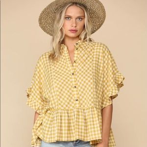 By Together Gingham Ruffle Button Down Blouse